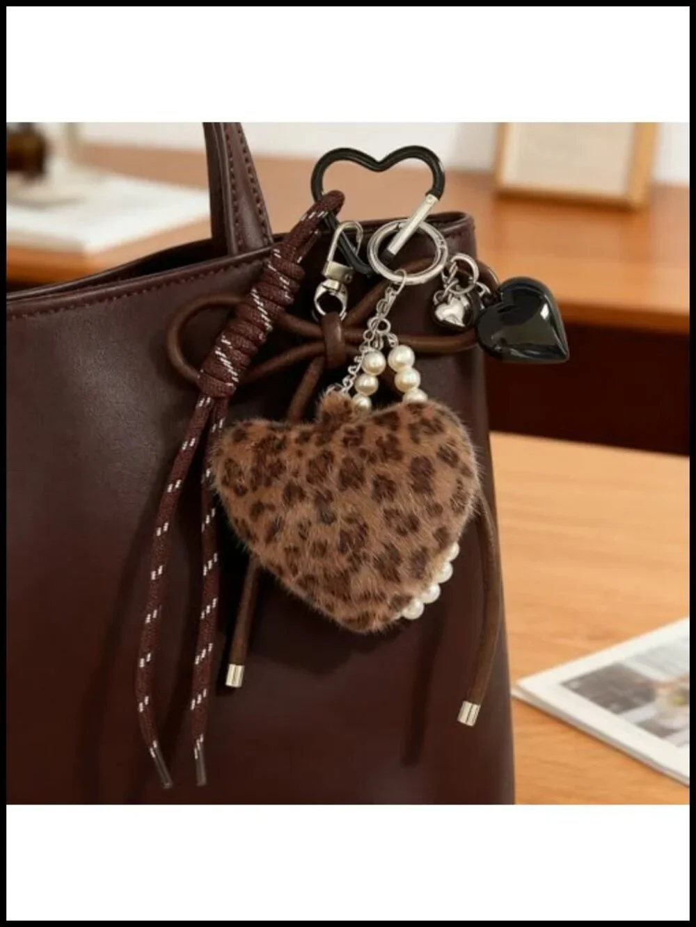 Plush Leopard Heart Keychain with Pearl Braided Rope, Cute Bag Charm for